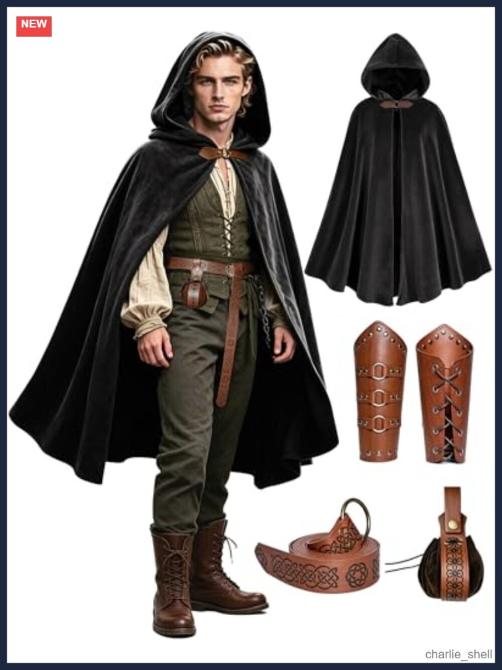 Renaissance Hooded Cloak Set Medieval Costume with Belt Pouch Bracers